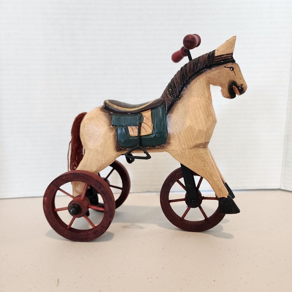 Folk Art Wooden Horse On Wheels Primitive Style Hand Crafted & Painted Vintage